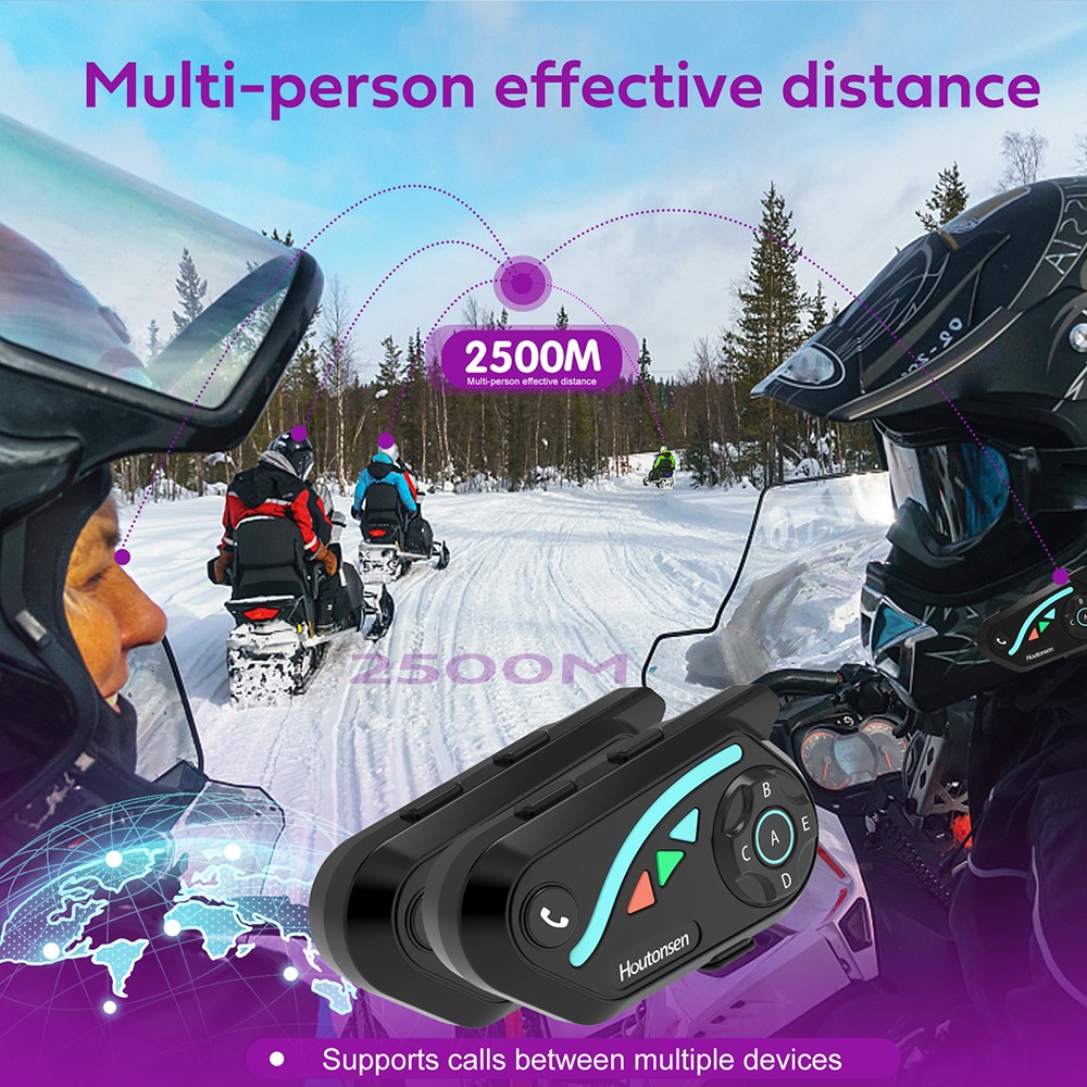 Houtonsen V8 Plus Motorcycle Helmet Headset, 1000M 2-Person Intercom, 30h Working Time, Noise Reduction, MP3/GPS/FM Navigation Support, AI Voice Assistant, IPX67 Waterproof, Bluetooth 5.2 - 2Pcs Pack