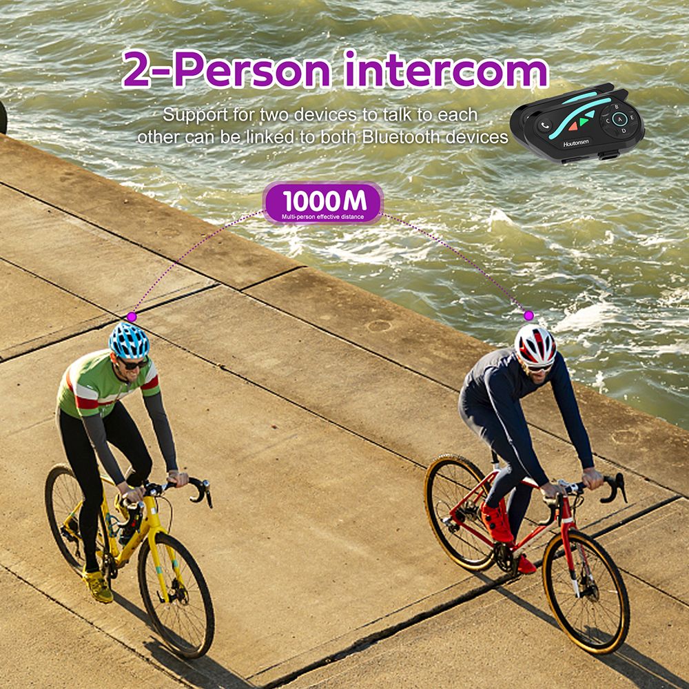 Houtonsen V8 Plus Motorcycle Helmet Headset, 1000M 2-Person Intercom, 30h Working Time, Noise Reduction, MP3/GPS/FM Navigation Support, AI Voice Assistant, IPX67 Waterproof, Bluetooth 5.2 - 2Pcs Pack