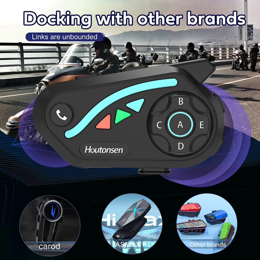 Houtonsen V8 Plus Motorcycle Helmet Headset, 1000M 2-Person Intercom, 30h Working Time, Noise Reduction, MP3/GPS/FM Navigation Support, AI Voice Assistant, IPX67 Waterproof, Bluetooth 5.2 - 2Pcs Pack