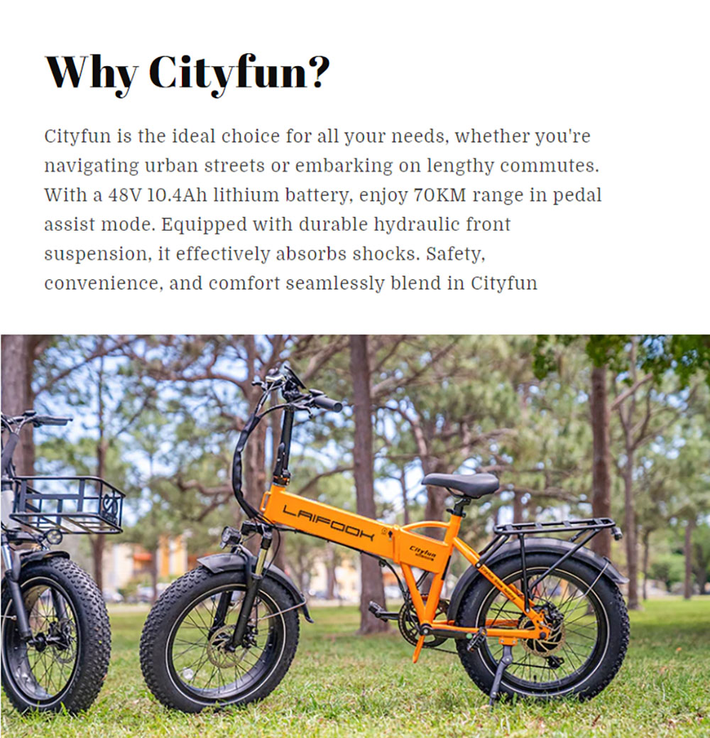 LAIFOOK Cityfun Electric Bike, 250W Brushless Motor, 48V 10.4AH batéria, 20 x 4.0 palcové tučné pneumatiky, max. rýchlosť 25 km/h, dojazd 70 km, hydraulické predné odpruženie, mechanické kotúčové brzdy, Shimano 7 rýchlostí, LCD displej - čierny