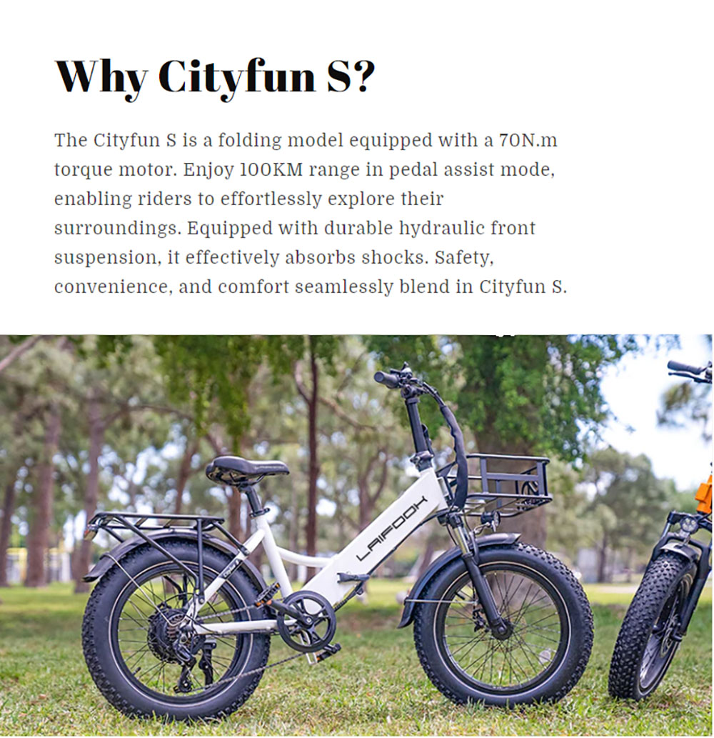 LAIFOOK Cityfun S Electric Bike, 250W Brushless Motor, 48V 10.4AH Battery, 20 x 4.0 palcové tučné pneumatiky, max. rýchlosť 25 km/h, dojazd 70 km, mechanické kotúčové brzdy, Shimano 7 rýchlostí, LCD displej - čierny