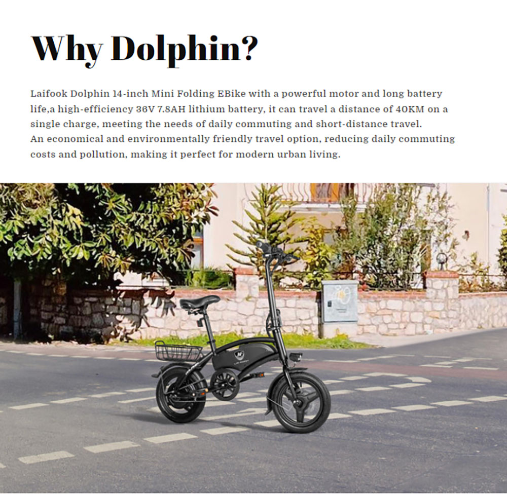 LAIFOOK Dolphin skladací elektrický bicykel, 250W motor, 36V 7.8AH batéria, 14-palcové pneumatiky, max. rýchlosť 25 km/h, dojazd 40 km, kotúčové brzdy, LCD displej - čierny