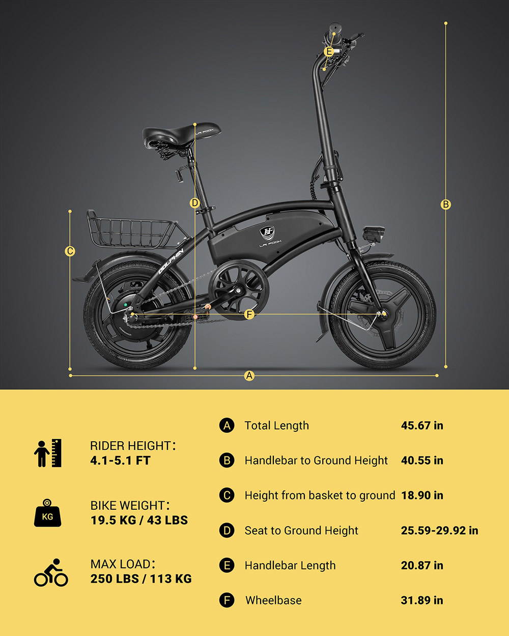 Skladací elektrický bicykel LAIFOOK Dolphin, 250W motor, 36V 7,8AH batéria, 14-palcové pneumatiky, max. rýchlosť 25 km/h, dojazd 40 km, kotúčové brzdy, LCD displej - čierny