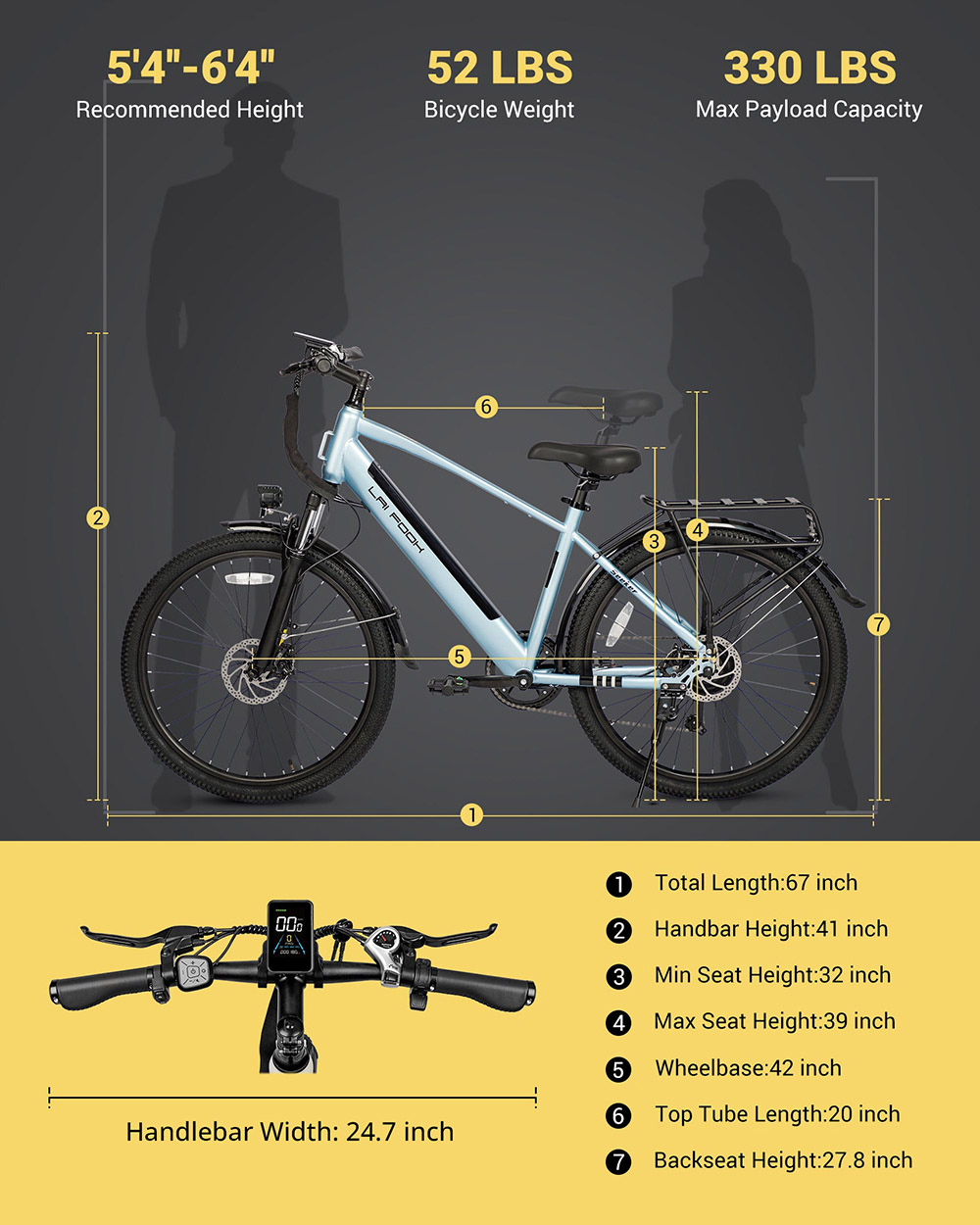 LAIFOOK Seeker Electric Bike, 250W motor, 36V 9Ah batéria, 26'' pneumatiky, max. rýchlosť 25km/h, dojazd 60km, odpruženie prednej vidlice, kotúčové brzdy, SHIMANO 7 rýchlostí, LCD displej - béžová