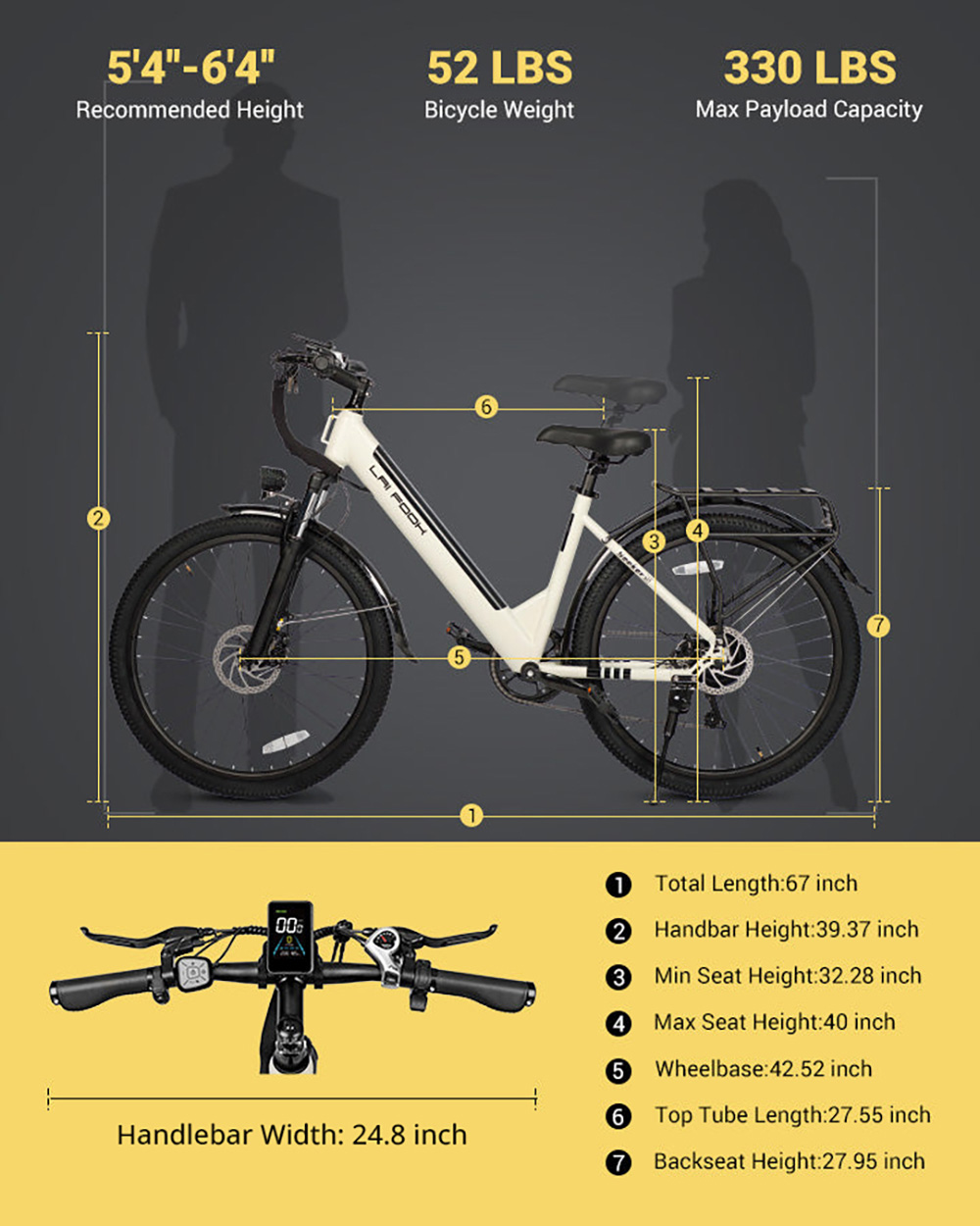 LAIFOOK Seeker S Elektrofahrrad, 250-W-Motor, 36-V-9-Ah-Akku, 26-Zoll-Reifen, 25 km/h H&ouml;chstgeschwindigkeit, 60 km Reichweite, Vorderradgabelfederung, Scheibenbremsen, SHIMANO 7-Gang, LCD-Display &ndash; Beige