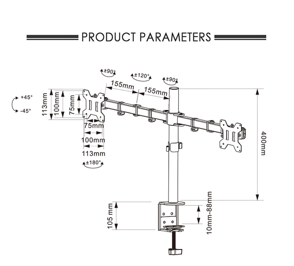 M052 Dual Arm Dual Monitor Stand for 13-27 inch Screens, 360&deg; Rotatable, &plusmn; 90&deg; Tilt, VESA 75x75/100x100mm, C-Clamp Installation