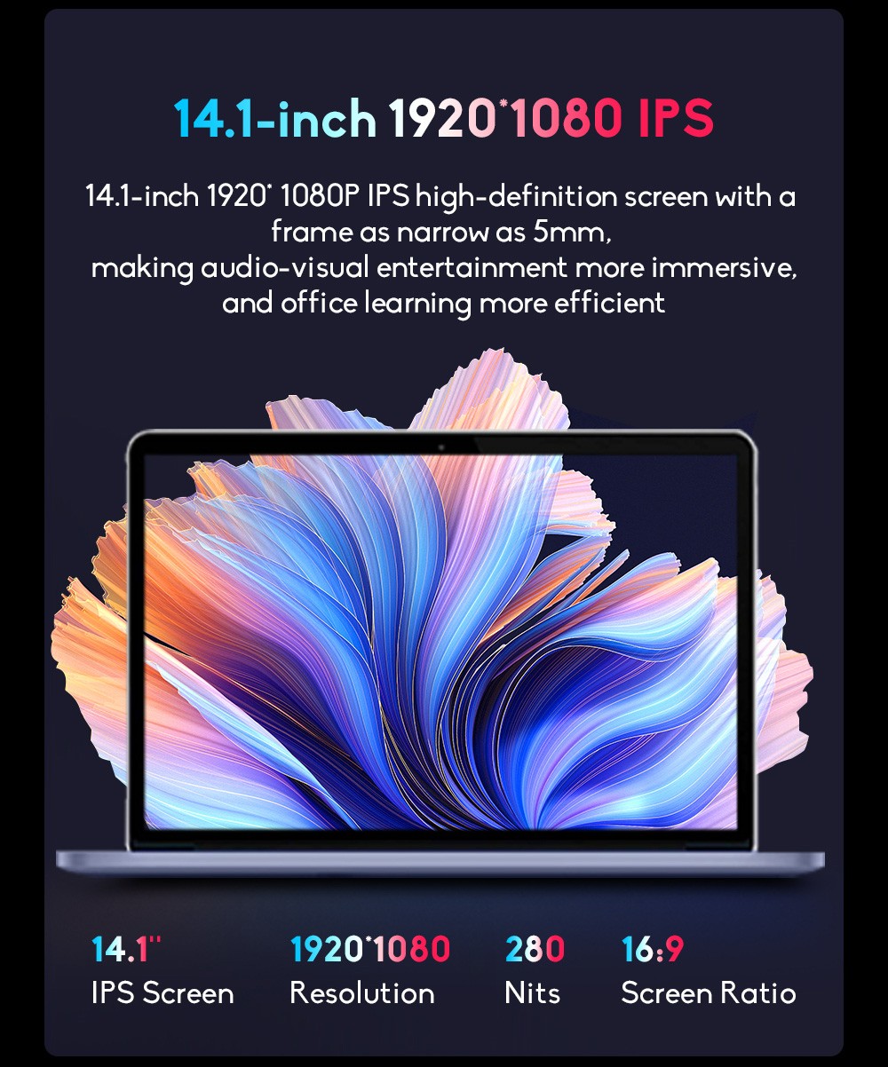 Ninkear N14 Pro Laptop, 14,1'' 1920*1080 IPS obrazovka, Intel Core i5-12450H 8 jadier max. 4,4 GHz, 16 GB RAM 512 GB SSD, 2,4G/5G Dual Band WiFi Bluetooth 4.2, 2*USB 2.0 1*USB 3.0 1*HDMI 1*Type-C, 4700mAh batéria, 720P kamera, podsvietená klávesnica