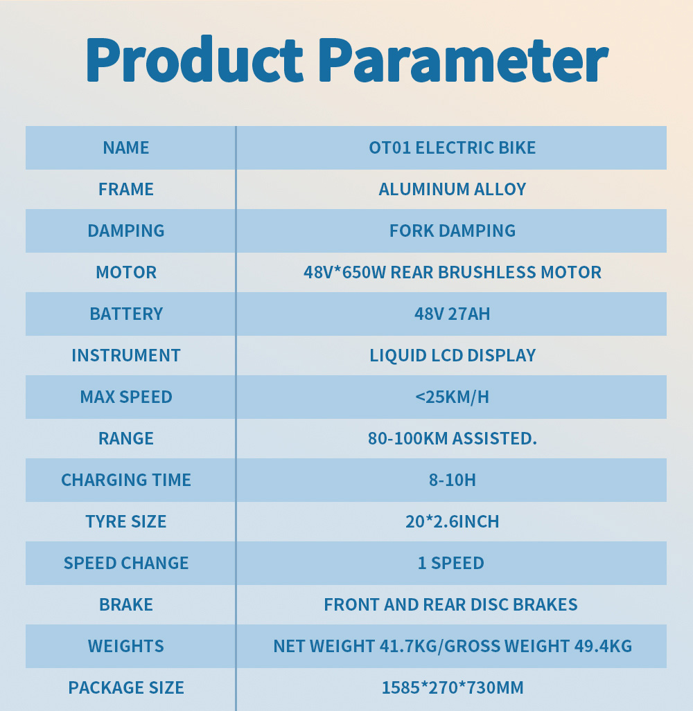 ONESPORT OT01 Elektrobicykel, 650W motor, 48V 27Ah batéria, 20*2,6-palcové pneumatiky, max. rýchlosť 25 km/h, max. dojazd 100 km, hydraulické kotúčové brzdy, predná odpružená vidlica - modrá