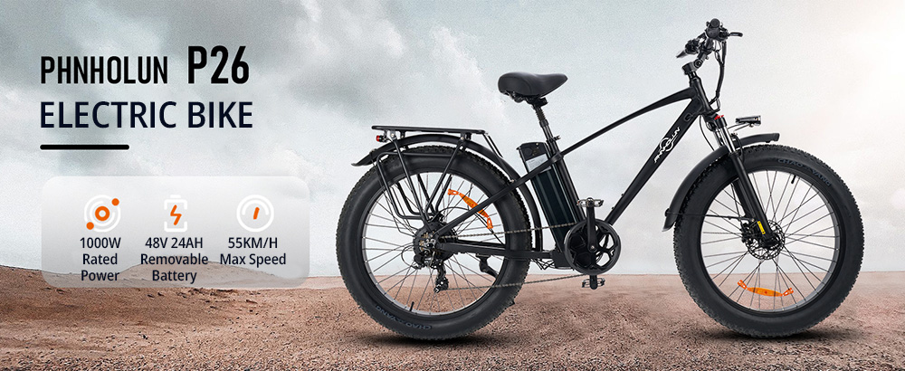 PHNHOLUN P26 Pro Electric Bike, 1000W motor, 48V 24AH vymeniteľná batéria, 26*4.0 palcové pneumatiky, maximálna rýchlosť 55 km/h, dojazd 120 km