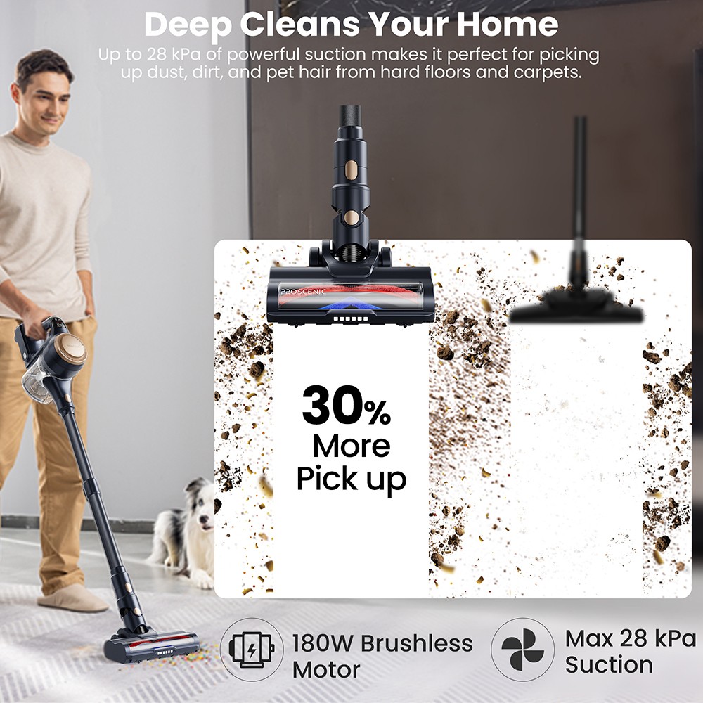 Proscenic P11 Lite Cordless Vacuum Cleaner, Max. 28 kPa sanie, doba prevádzky až 35 min, LED obrazovka, automatické odstraňovanie vlasov, 180° otočné riadenie, 550ml nádoba na prach, teleskopická trubica, nízka hlučnosť, nástenný úložný priestor