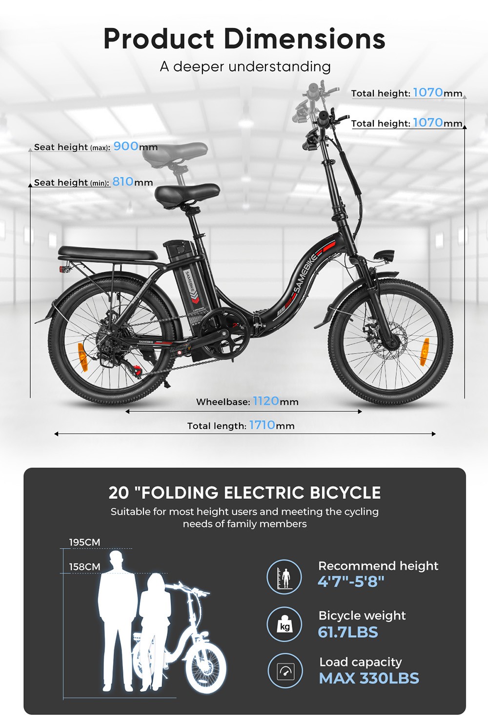 SAMEBIKE CY20 Skladací elektrický bicykel, 350W motor, 36V 12Ah batéria, 20*2.35-palcové pneumatiky, max. rýchlosť 32 km/h, max. dojazd 80 km, dvojité odpruženie, mechanické kotúčové brzdy, 7-stupňová prevodovka Shimano, LCD displej - čierny