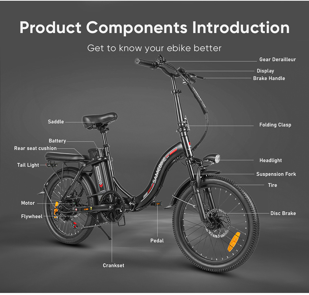 SAMEBIKE CY20 Skladací elektrický bicykel, 350W motor, 36V 12Ah batéria, 20*2.35-palcové pneumatiky, max. rýchlosť 32 km/h, max. dojazd 80 km, dvojité odpruženie, mechanické kotúčové brzdy, 7-rýchlostná prevodovka Shimano, LCD displej - čierny