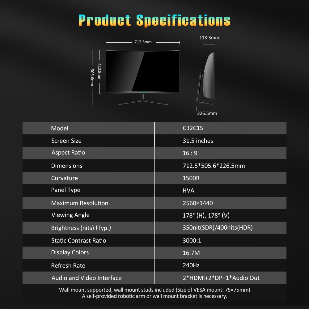 Herné monitory TITAN ARMY C32C1S s 31,5-palcovou obrazovkou, rozlíšenie 2K, vysoká obnovovacia frekvencia 240 Hz