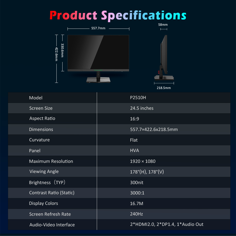 Herný monitor TITAN ARMY P2510H, 24.5'' 2 HVA rýchly LCD panel, 1920*1080, 240 Hz obnovovacia frekvencia, 1 ms GTG, HDR10, 99%sRGB, Adaptive-Sync, Dynamic OD, Ultra-Fast Game Mode, 10 scénických režimov, PBP &; PIP Split-screen Display, Low Blue Light, VESA Wall Mounting