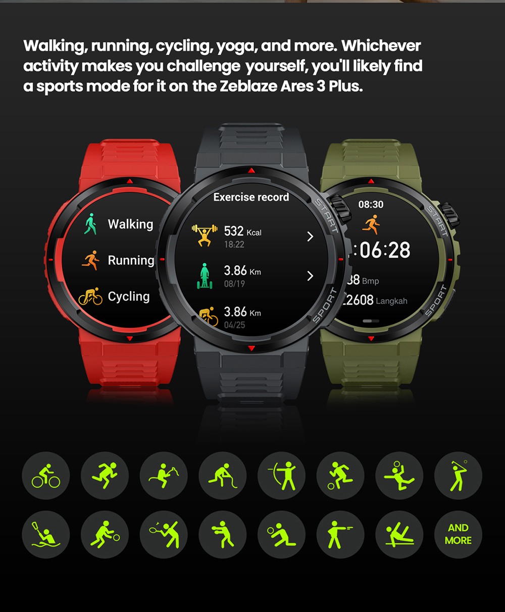 Zeblaze Ares 3 Plus Smartwatch, 1.43'' HD AMOLED Screen, 100+ Workout Modes, Heart Rate Blood Oxygen Sleep Monitoring - Black