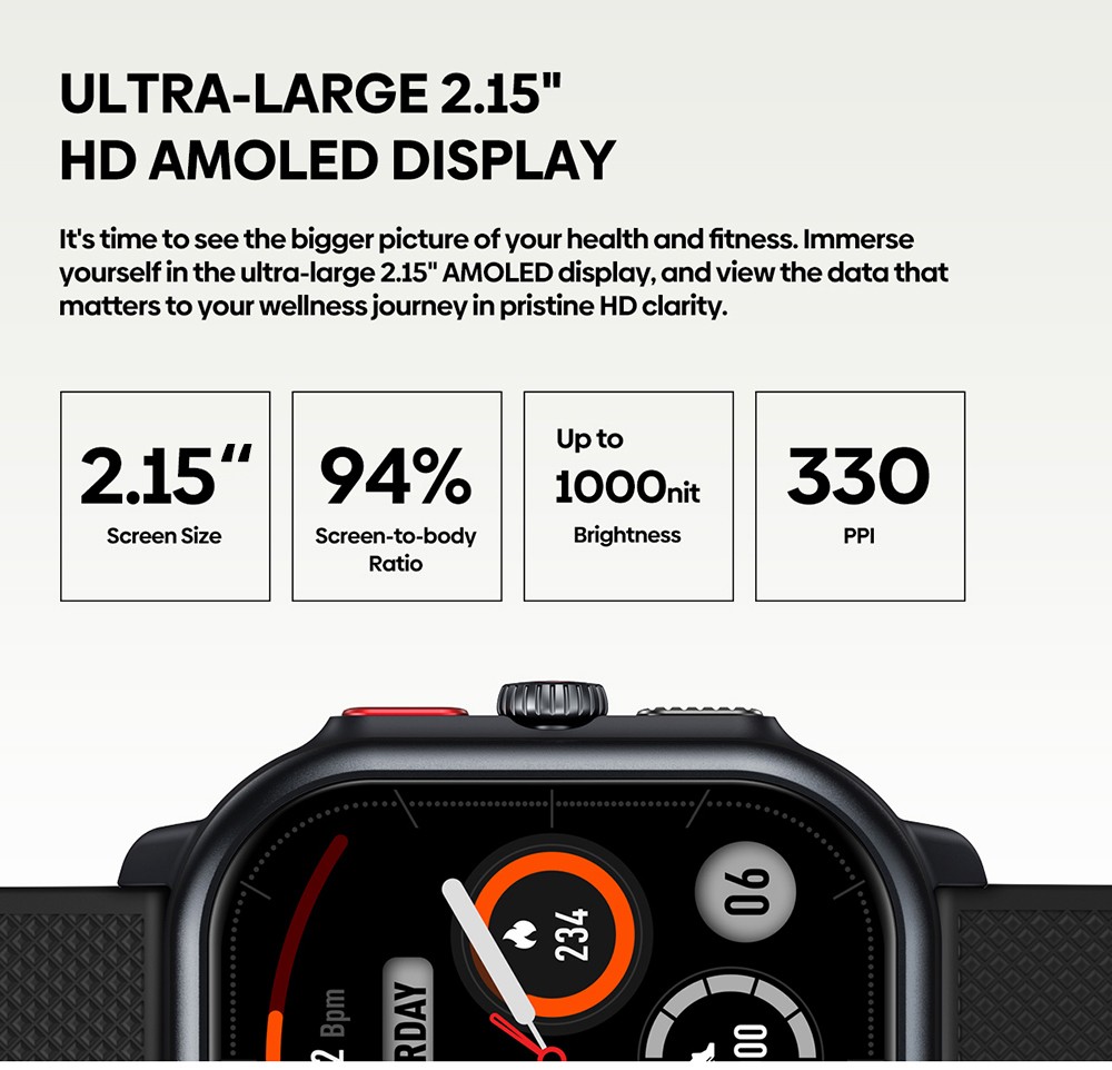 Zeblaze Beyond 3 Pro Smartwatch, 2.15'' HD AMOLED Screen, GPS Positioning, 24/7 Health Monitoring, 100+ Workout Modes, Bluetooth Calling - Black