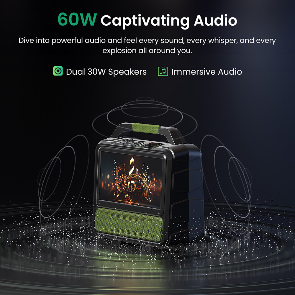 Enceinte Bluetooth Monster Vmay avec t&eacute;l&eacute;viseur LCD int&eacute;gr&eacute;, &eacute;cran Full HD 15,6 pouces, audio 60 W, 8 heures de lecture vid&eacute;o, 25 heures de lecture audio