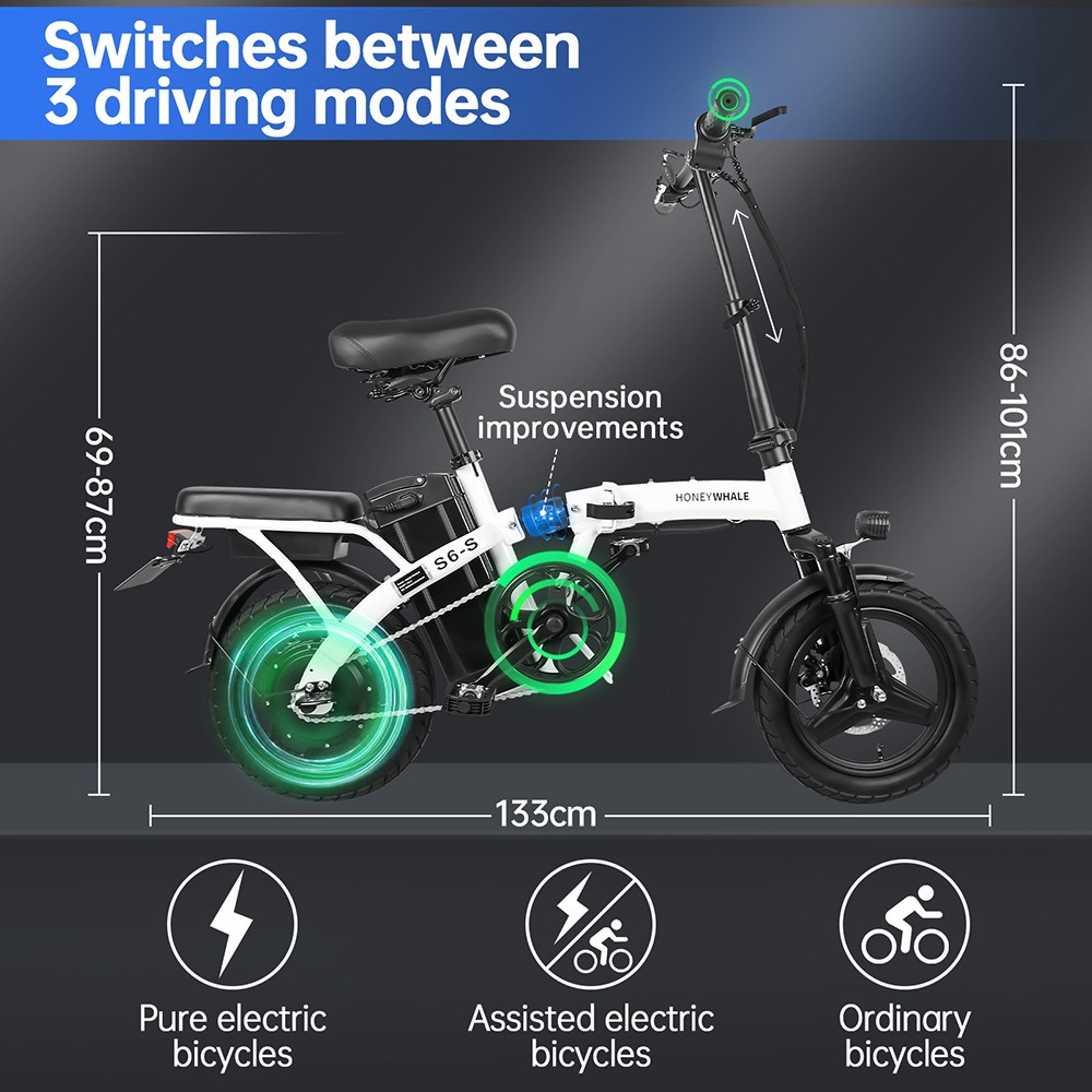 HONEYWHALE S6-S 14-palcový elektrický bicykel 350W bezkefový motor 48V 10.4Ah batéria Maximálna rýchlosť 35 km/h Dvojitá kotúčová brzda - biela