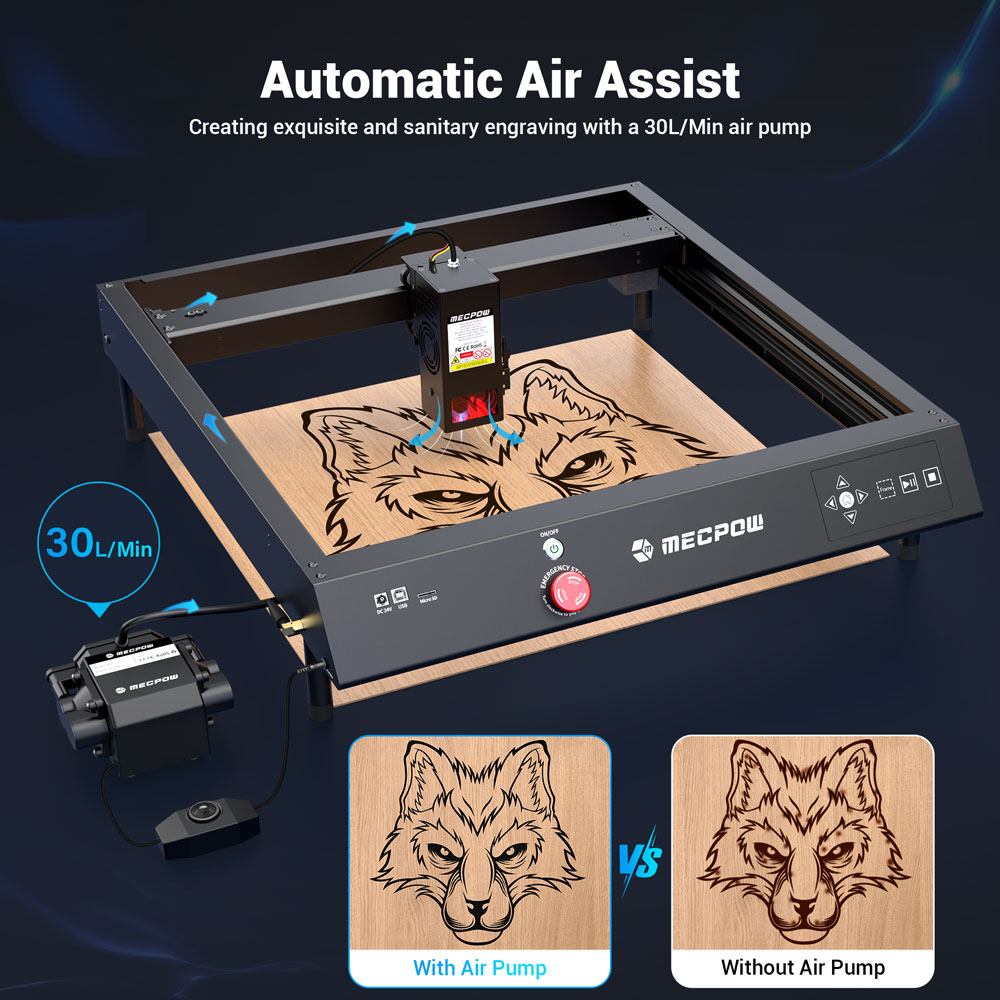 Mecpow X4 22W laserová gravírovacia fréza, s integrovaným vzduchovým asistentom, 0,08x0.1mm laserový bod, rýchlosť gravírovania 22000mm/min, 410*400mm