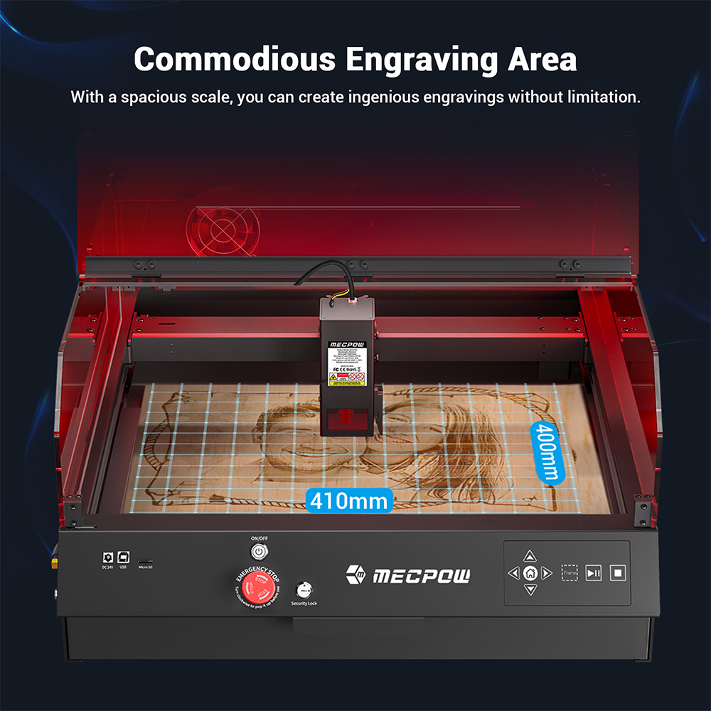 Mecpow X4 Pro 22W laserová gravírovacia fréza, s ochranným krytom & integrovaný vzduchový asistent, laserový bod 0,08x0,1 mm, rýchlosť gravírovania 22000 mm/min, núdzové zastavenie, práca offline, podpora LightBurn/ LaserGRBL/ MKSLaser, 410*400 mm