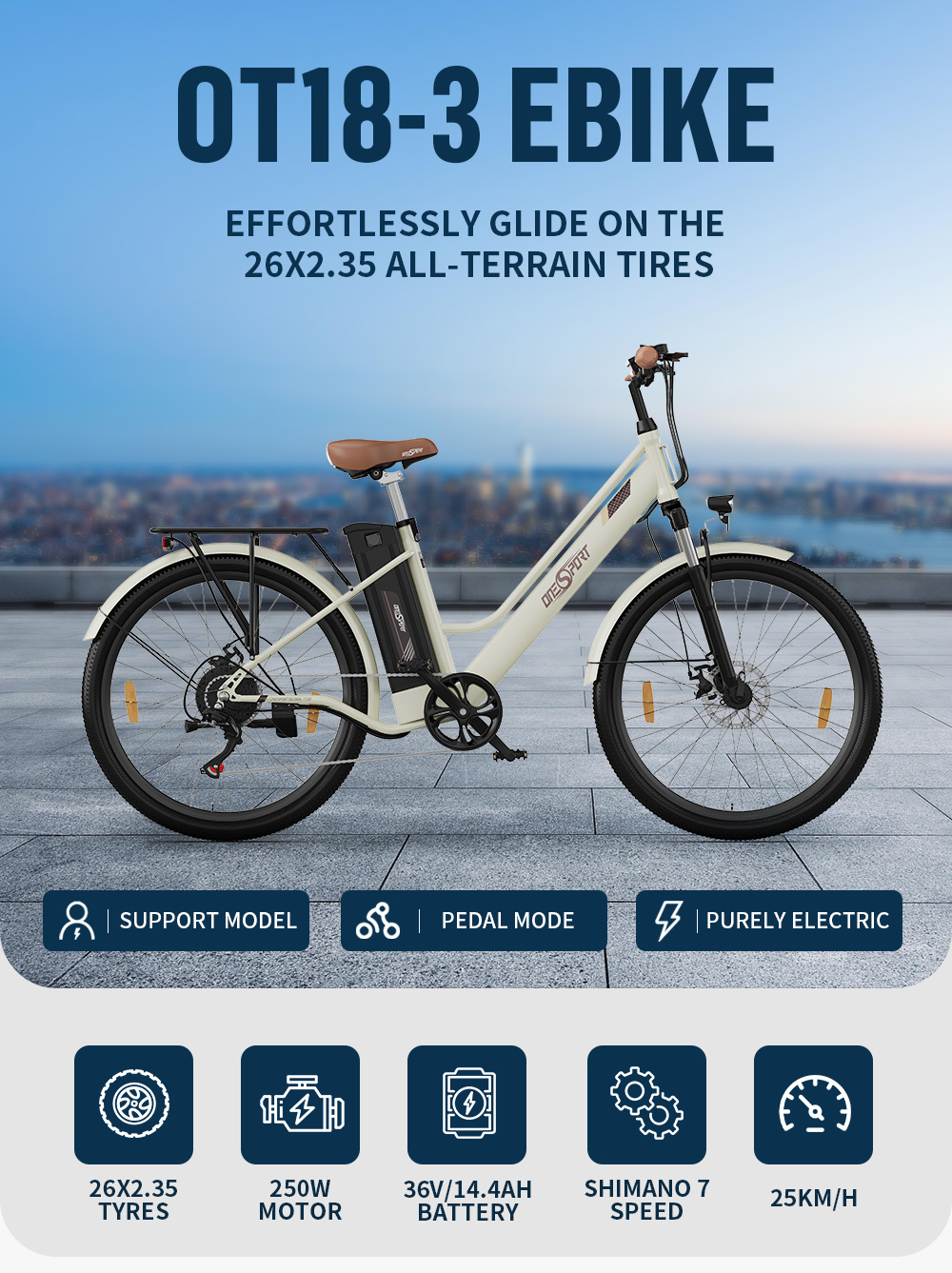 ONESPORT OT18 City Electric Bike, 26*2.35 inch wide Tires, 250W Motor 25km/h, 36V 14.4Ah Big Battery up to 100km Max Range,  Shimano 7-speed, Front Shock-absorbing fork, 25 Degree Climbing Bluetooth APP - White