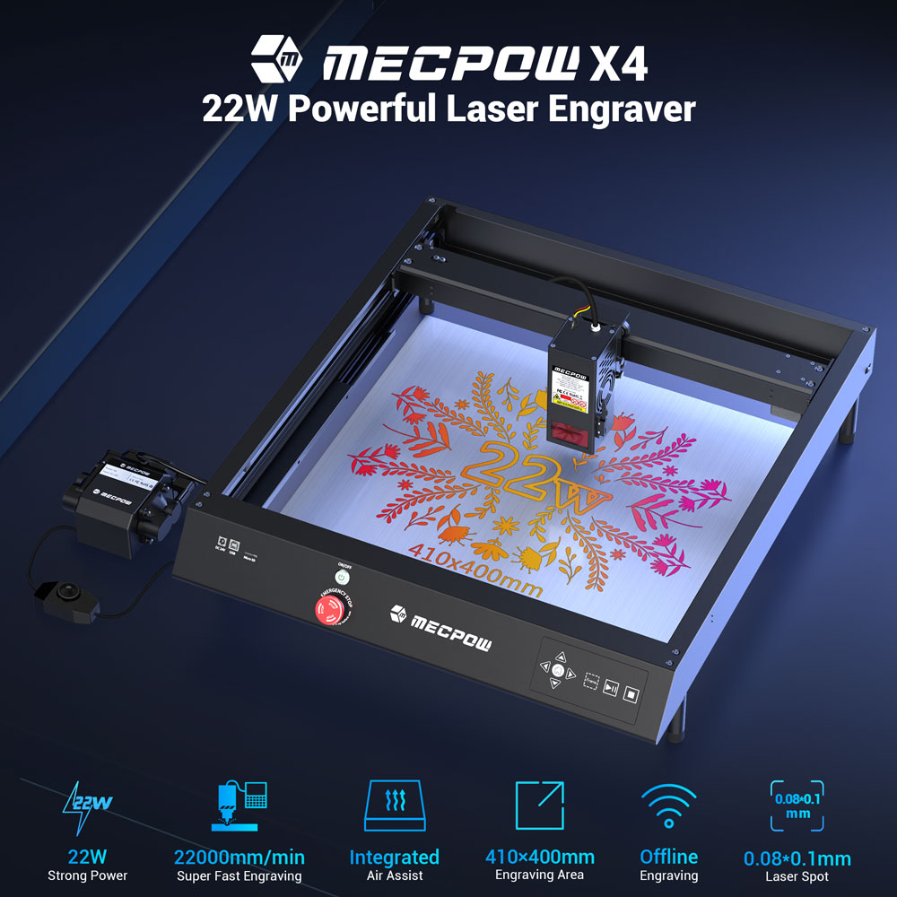 Mecpow X4 22W laserová gravírovacia fréza, s integrovaným vzduchovým asistentom, 0.08x0.1 mm, rýchlosť gravírovania 22 000 mm/min, 410*400 mm