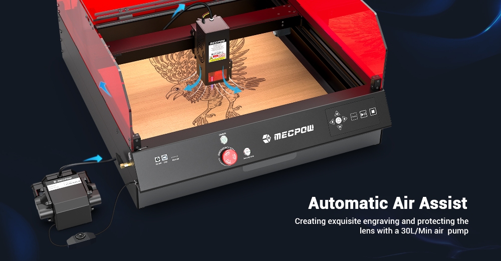 Mecpow X4 Pro 22W laserová gravírovacia fréza, s ochranným krytom &; integrovaným vzduchovým asistentom, 0,08x0.1mm laserový bod, rýchlosť gravírovania 22000mm/min, núdzové zastavenie, práca offline, podpora LightBurn/ LaserGRBL/ MKSLaser, 410*400mm