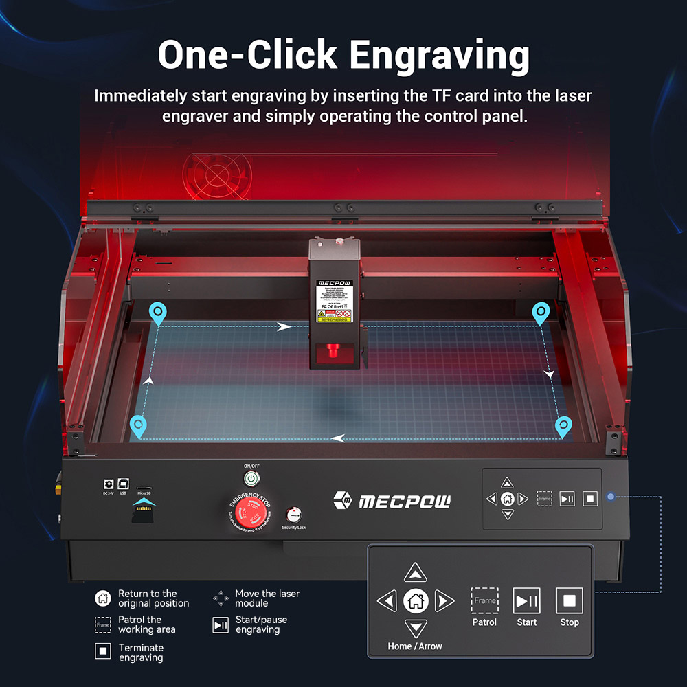 Mecpow X4 Pro 22W laserová gravírovacia fréza, s ochranným krytom & integrovaný vzduchový asistent, laserový bod 0,08x0,1 mm, rýchlosť gravírovania 22000 mm/min, núdzové zastavenie, práca offline, podpora LightBurn/ LaserGRBL/ MKSLaser, 410*400 mm