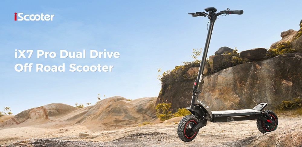 iScooter iX7 Pro Electric Scooter, 2*1000W Motor, 48V 17.5Ah batéria, 10-palcové terénne pneumatiky, max. rýchlosť 60 km/h, dojazd 80 km, predné a zadné kotúčové brzdy, dvojité odpruženie