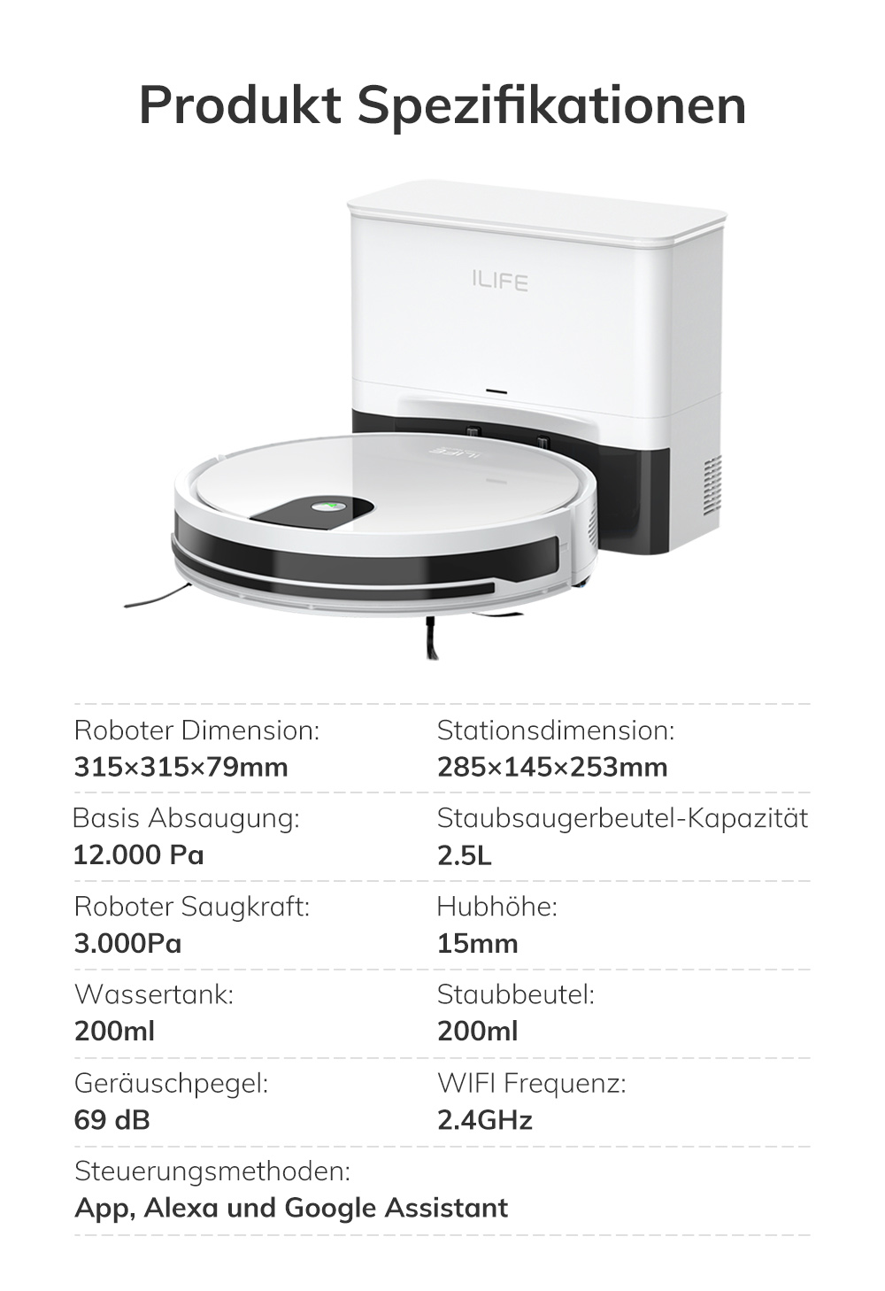 ILIFE G9 Pro Saugroboter, mit Selbstentleerungsstation, Gyroskop-Navigation, 3000 Pa Saugleistung, 100 Min. Laufzeit, 2,5 l Staubbeutel, Plan-/Edge-/Spot-/Max-Modus, unterstützt Alexa/Google Home - Weiß