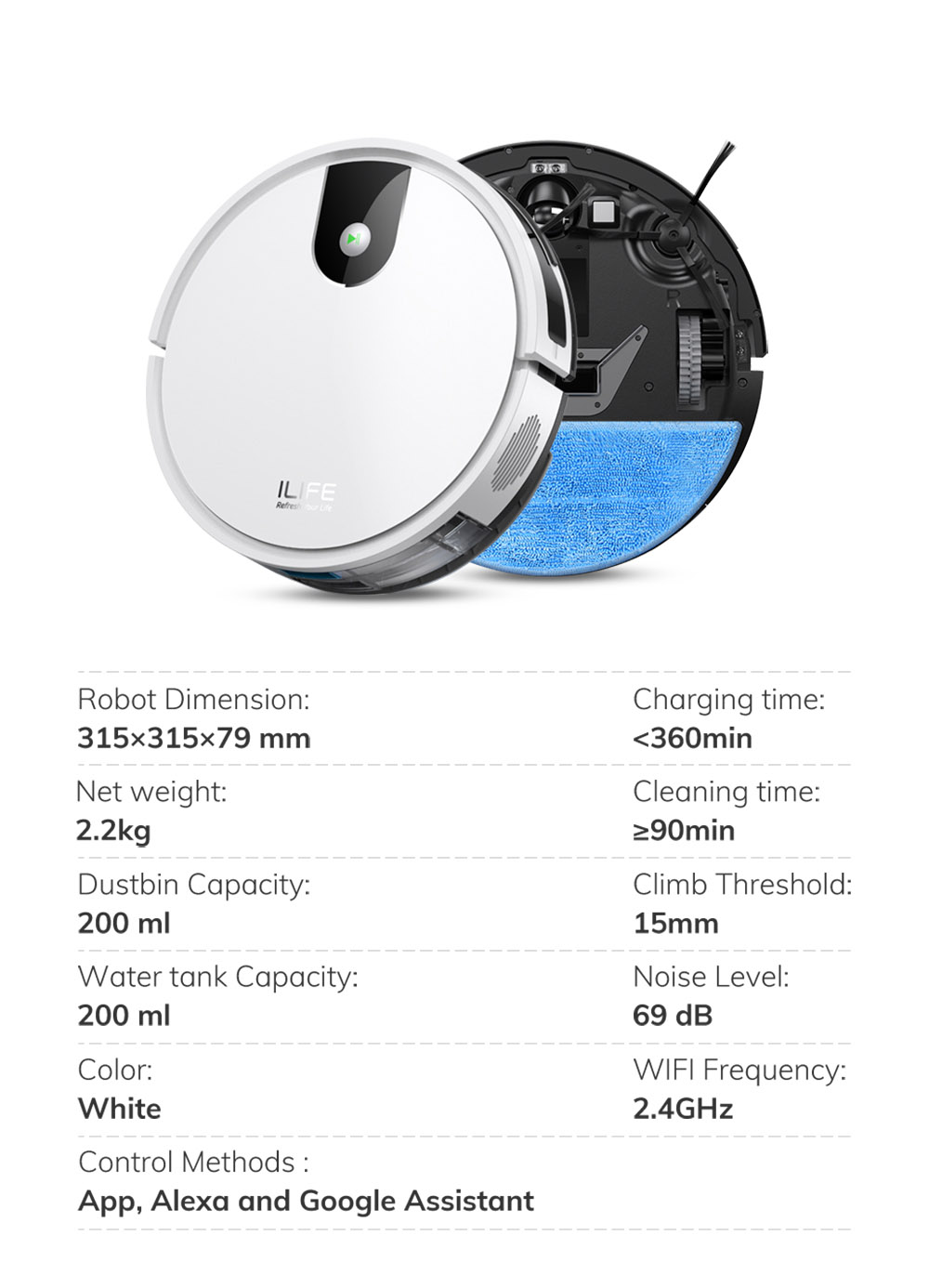 ILIFE G9 Robot Vacuum Cleaner with Mop Function, 3000Pa Suction, 100mins Runtime, 200ml Dustbin, Four Cleaning Modes, Support Alexa & Google, Ideal for Pet Hair, Carpets and Hard Floors- White