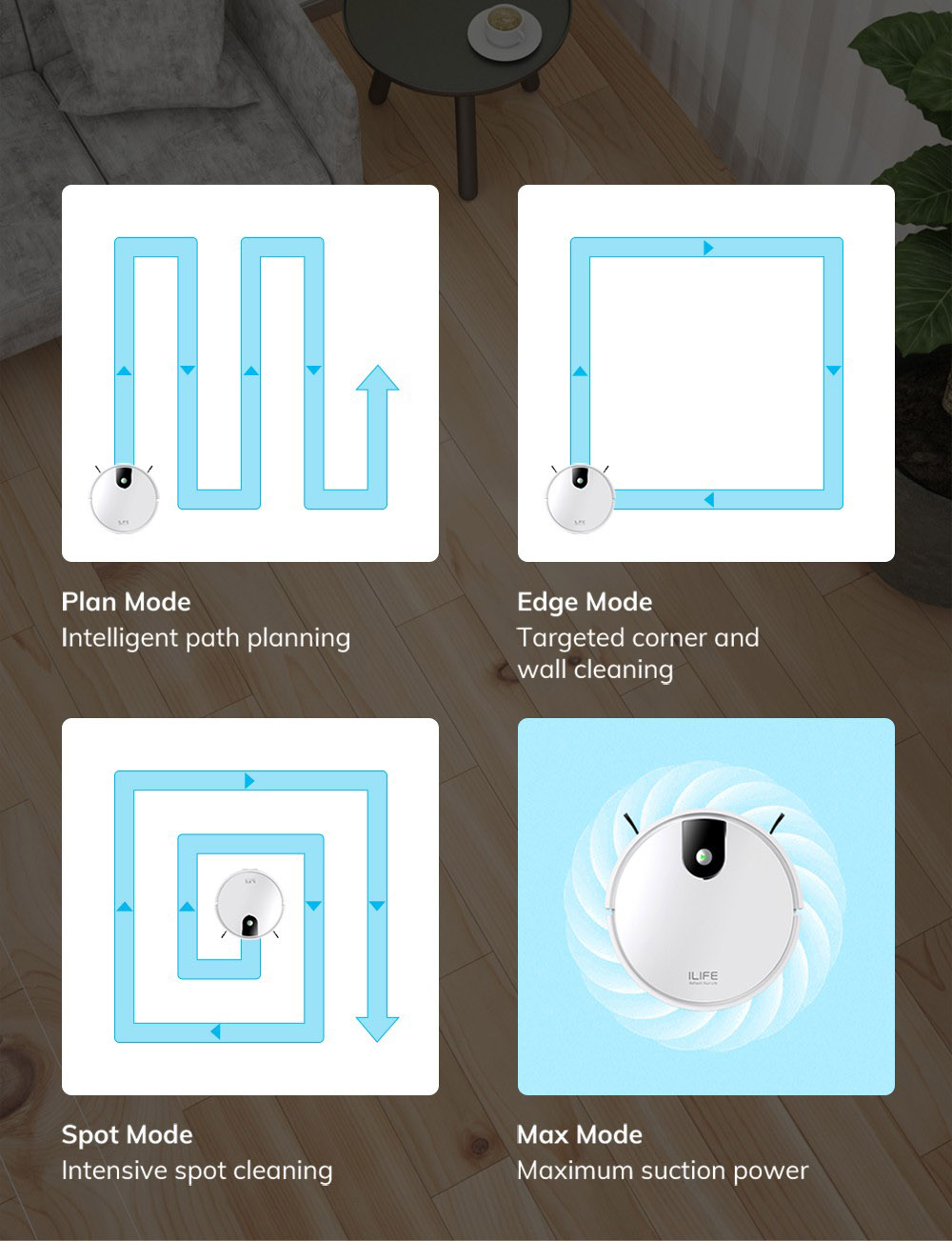 ILIFE G9 Robot Vacuum Cleaner with Mop Function, 3000Pa Suction, 100mins Runtime, 200ml Dustbin, Four Cleaning Modes, Support Alexa & Google, Ideal for Pet Hair, Carpets and Hard Floors- White