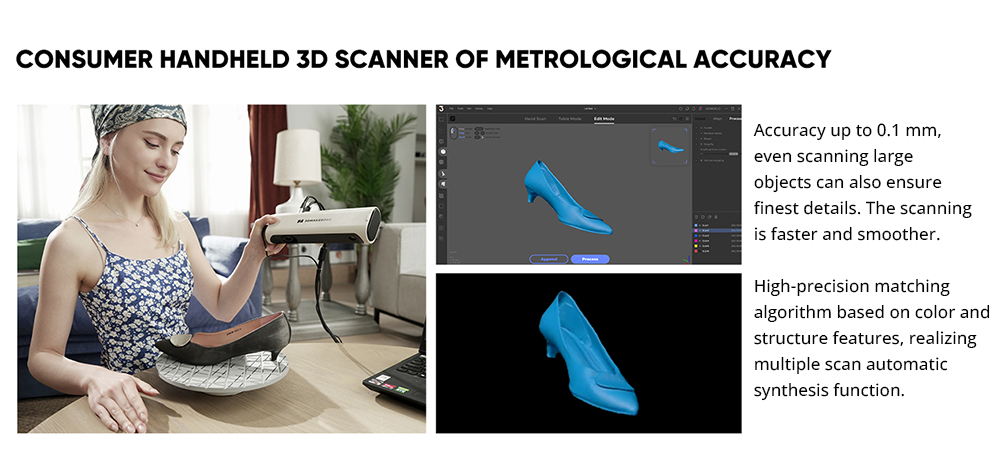 3DMakerpro Lynx 3D Scanner Standard Edition, presnosť 0,10 mm, 0.Rozlíšenie 30 mm, snímková frekvencia 10 snímok za sekundu, biele svetlo triedy 1, vizuálne sledovanie, rozsah jedného snímania 250x400 mm