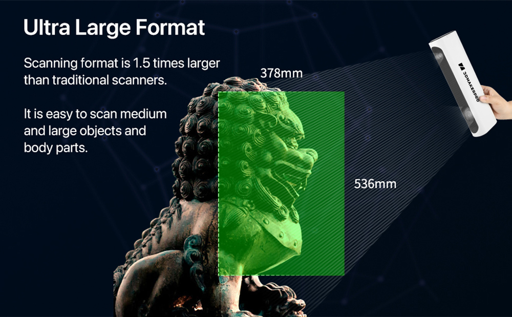 3DMakerpro Lynx 3D Scanner Standard Edition, presnosť 0,10 mm, 0.Rozlíšenie 30 mm, snímková frekvencia 10 snímok za sekundu, biele svetlo triedy 1, vizuálne sledovanie, rozsah jedného snímania 250x400 mm