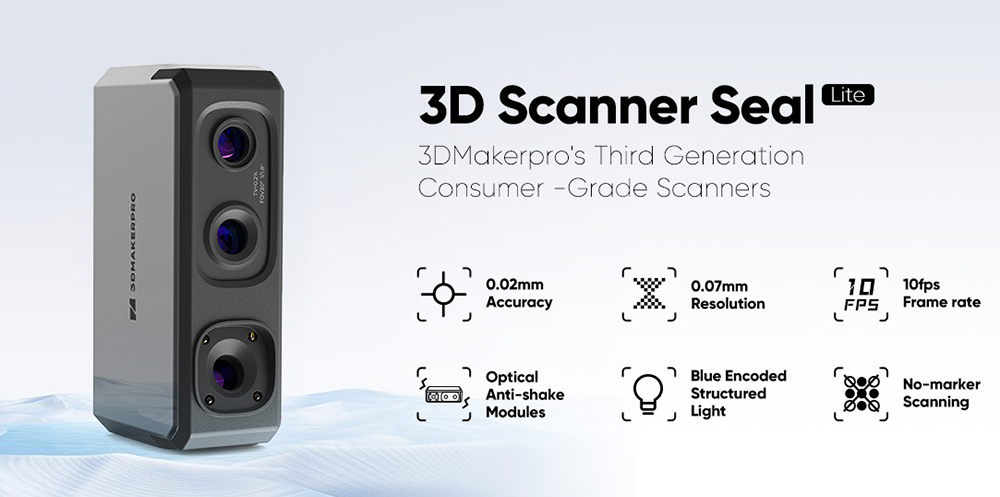 3DMakerpro Seal Lite 3D Scanner, presnosť 0,02 mm, rozlíšenie 0,07 mm, šošovky proti chveniu, snímkovanie 10 snímok za sekundu, vizuálne sledovanie