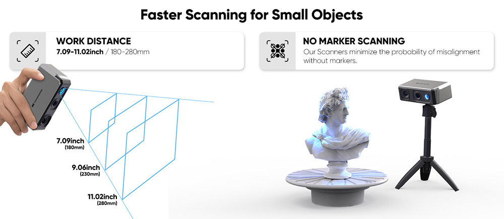 3DMakerpro Seal Lite 3D Scanner, presnosť 0,02 mm, rozlíšenie 0,07 mm, šošovky proti chveniu, snímkovanie 10 snímok za sekundu, vizuálne sledovanie