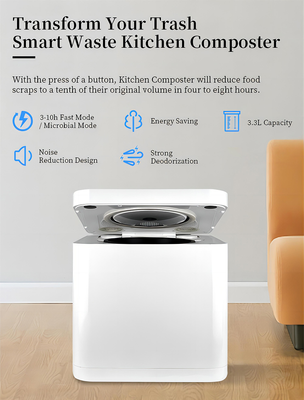 BEECO HQD-314Pro K&uuml;chenkomposter, 3,3 l Fassungsverm&ouml;gen, verwandelt Abf&auml;lle in nat&uuml;rlichen D&uuml;nger, integriertes UVC-Licht, Kindersicherung, LCD-Bildschirm