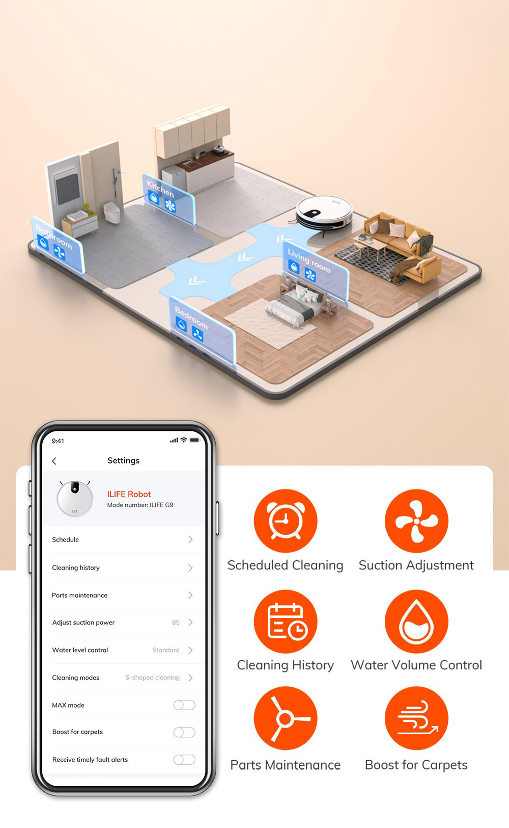 ILIFE G9 Robot Vacuum Cleaner with Mop Function, 3000Pa Suction, 100mins Runtime, 200ml Dustbin, Four Cleaning Modes, Support Alexa & Google, Ideal for Pet Hair, Carpets and Hard Floors- White