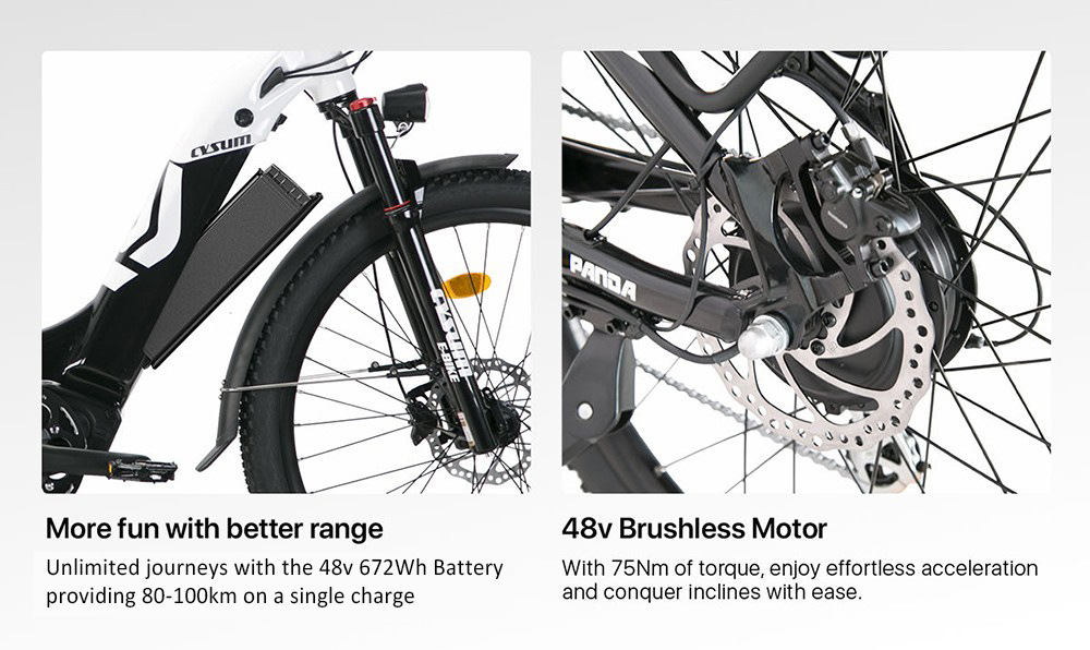 Elektrobicykel Cysum Panda, 500W motor, 48V 14AH batéria, 27,5*2.2-palcové pneumatiky, max. rýchlosť 40 km/h, dojazd 100 km, hydraulické kotúčové brzdy, odpružená vidlica, 7-rýchlostný prevod SHIMANO, LCD displej