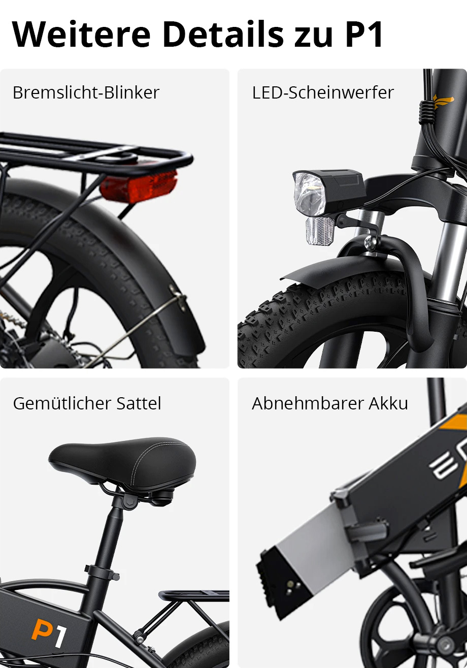 ENGWE P1 Faltbares Elektrofahrrad 20-Zoll-Reifen 250W b&uuml;rstenloser Motor 36V 13Ah Akku 25km/h H&ouml;chstgeschwindigkeit