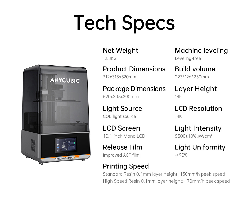 3D tlačiareň Anycubic Photon Mono M7 Pro Resin, výška vrstvy 0,1 mm, rýchlosť tlače 170 mm/h, 14K COB LighTurbo 3.0 Zdroj, 10.1
