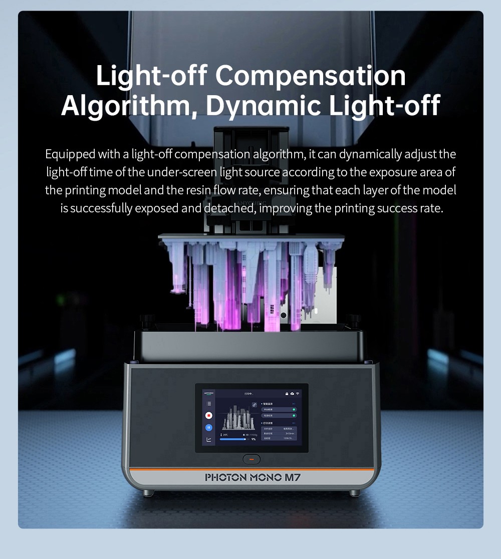 3D tlačiareň Anycubic Photon Mono M7 Resin, rýchlosť tlače 90 mm/h, 14K COB zdroj, 10.1-palcový mono LCD displej, dynamické vypínanie svetla, bez nivelizácie, 223*126*230mm