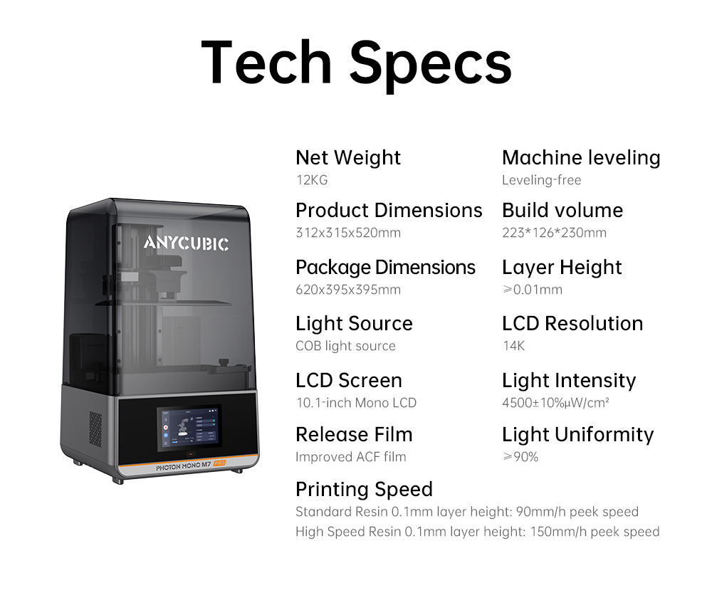 3D tlačiareň Anycubic Photon Mono M7 Resin, rýchlosť tlače 90 mm/h, 14K COB zdroj, 10.1-palcový mono LCD displej, dynamické vypínanie svetla, bez nivelizácie, 223*126*230mm