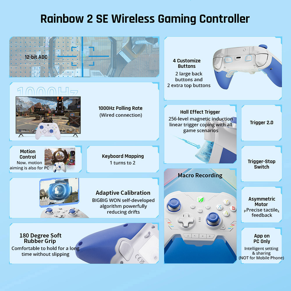 BIGBIG WON Rainbow 2 SE Game Controller, Hall Effect Trigger, 12-bit ADC, 4-way & 8-way D-pads, Compatible with Switch / PC / Android / iOS - Blue