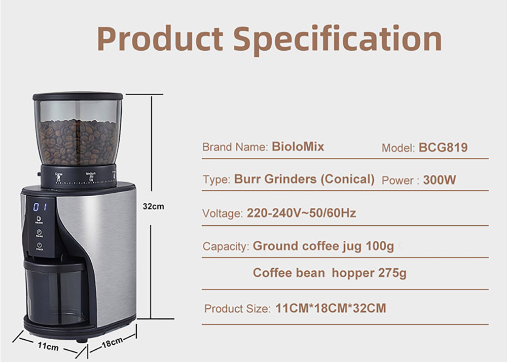 BioloMix BCG819 kónický mlynček na kávu, s 31 nastaveniami mletia pre espresso tureckú kávu, dotykový LCD displej, antistatický