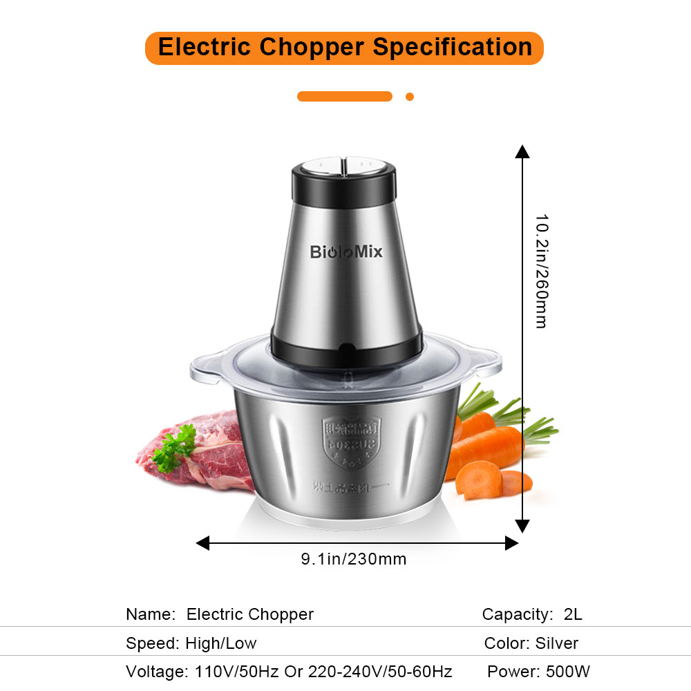 BioloMix CP615 Elektrický mlynček na mäso Chopper, nízke/vysoké 2 rýchlosti, 500W motor, veľký objem 2 l