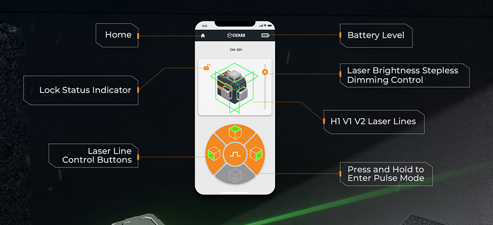 Laserová vodováha CIGMAN CM-S01 12 Lines, s ovládaním APP, 3x360°, samonivelačný & manuálny režim, plynulé stmievanie, max. 30 hod. Doba používania, vodotesnosť IP54