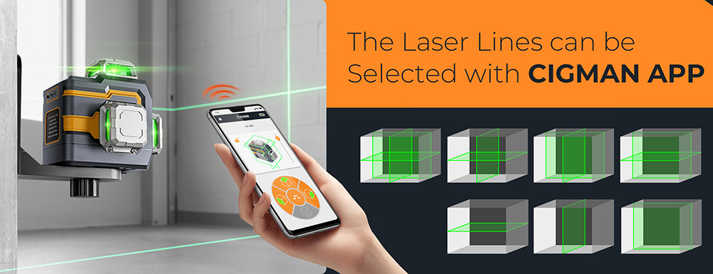 CIGMAN CM-S01 12 Lines Laser Level, With APP Control, 3x360&deg;, Self-leveling & Manual Mode, Stepless Dimming, 30h Max. Usage Time, IP54 Waterproof
