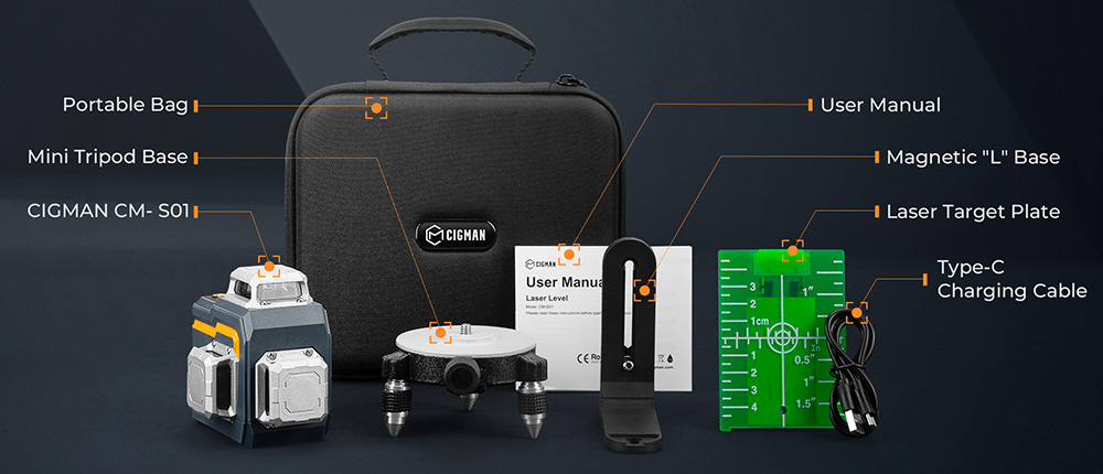 CIGMAN CM-S01 12 Lines Laser Level, With APP Control, 3x360&deg;, Self-leveling & Manual Mode, Stepless Dimming, 30h Max. Usage Time, IP54 Waterproof