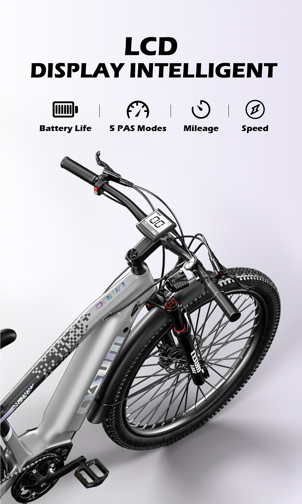 Cysum Speedy Electric Bike, 500W motor, 48V 14AH batéria, 27,5*2.2-palcové pneumatiky, max. rýchlosť 40 km/h, dojazd 100 km, hydraulické kotúčové brzdy, odpružená vidlica, 7-rýchlostný prevod SHIMANO, LCD displej